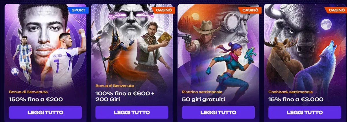 Casino promotions section in Italian showing bonus offers including sports welcome bonus 150% up to €200, casino welcome bonus 100% up to €600 with 200 free spins, weekly reload with 50 free spins, and weekly cashback 15% up to €3,000 on a dark themed interface
