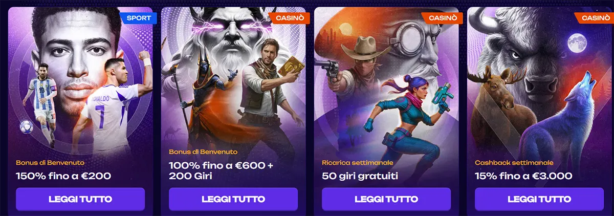 Casino promotions section in Italian showing bonus offers including sports welcome bonus 150% up to €200, casino welcome bonus 100% up to €600 with 200 free spins, weekly reload with 50 free spins, and weekly cashback 15% up to €3,000 on a dark themed interface