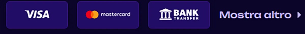 Payment methods section showing Visa, Mastercard, and bank transfer options with a “Mostra altro” (show more) button on a dark background