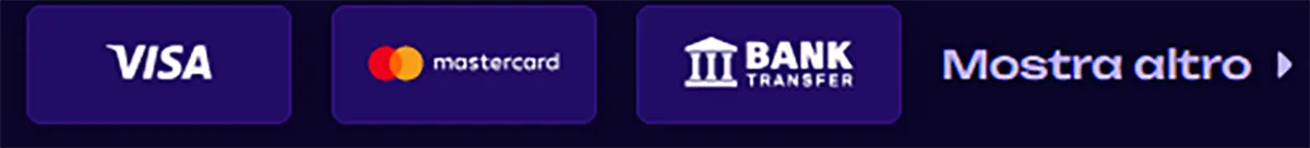 Payment methods section showing Visa, Mastercard, and bank transfer options with a “Mostra altro” (show more) button on a dark background