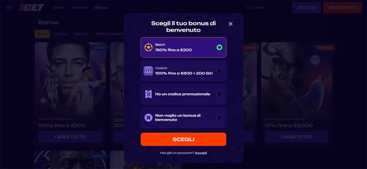 Italian welcome bonus selection popup showing options for sports bonus 150% up to €200, casino bonus 100% up to €600 with 200 free spins, promo code entry, and no bonus choice on a dark themed betting website