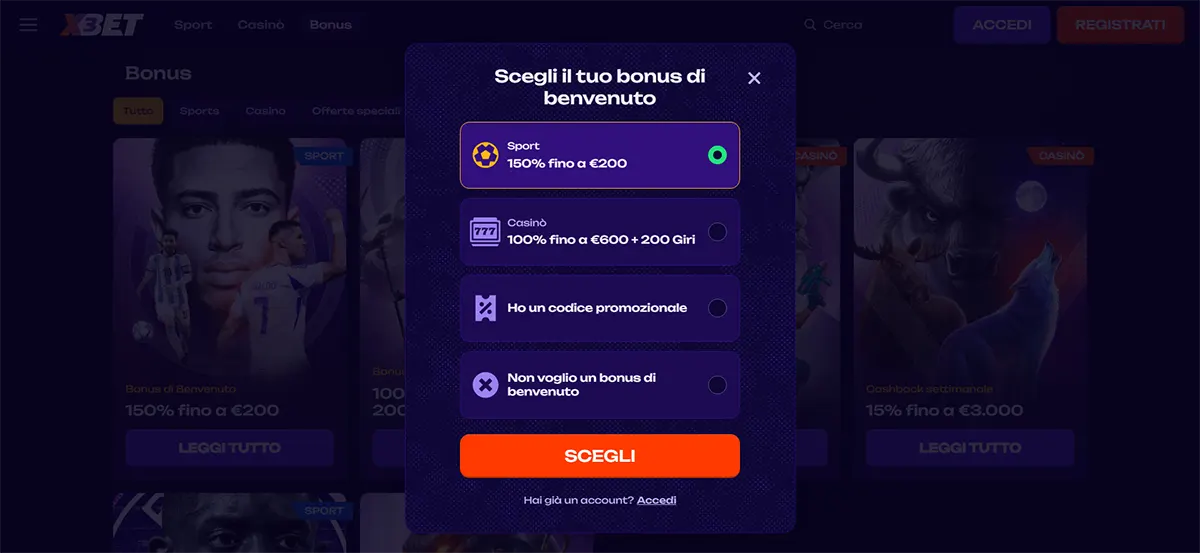 Italian welcome bonus selection popup showing options for sports bonus 150% up to €200, casino bonus 100% up to €600 with 200 free spins, promo code entry, and no bonus choice on a dark themed betting website